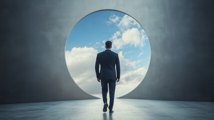 A person walks toward a circular portal leading to the sky, symbolizing pathways, choices, and new beginnings