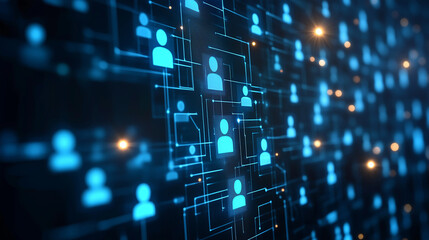 A digital network display with interconnected profile icons and glowing highlights, representing social media, technology, and networking.