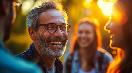 Older man laughing with friends outdoors at sunset