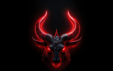 A menacing bull's head with glowing red horns and eyes against a dark background.