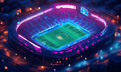 Obraz premium Isometric football stadium with a field, players, and cheering crowds, vibrant sports atmosphere, 3D illustration