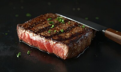 3D medium-rare ribeye steak with a knife slicing through, juices running, perfectly tender
