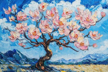 A peach tree in full bloom with a clear sky and blue background, oil on canvas, with large brushstrokes and a vibrant sense of color.