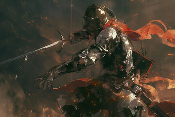 Naklejka premium Medieval Knight in Shining Armor with Red Scarf Engaged in Dynamic Sword Fight