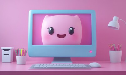 3D cartoon computer monitor with a cute, smiling face on the screen, tech and friendly
