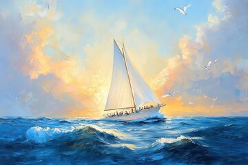 Obraz premium Sailing boat with white sails on the sea, oil painting, light blue sky, light yellow sail and people inside the yacht, waves in front of it, seagulls flying around