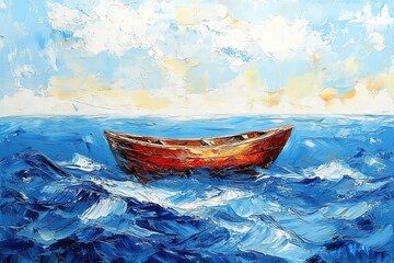 Fototapeta premium A simple oil painting of the ocean, with a horizon line and a blue sky dotted with white clouds.