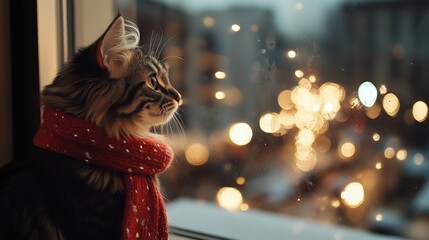 Naklejka premium A cozy cat, wearing a red scarf, gazes out a window at a snowy scene, with festive lights sparkling in the background.