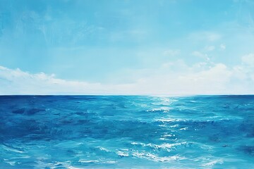 Obraz premium A simple oil painting of the ocean, with a horizon line and a blue sky dotted with white clouds.