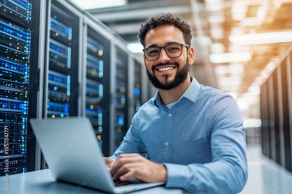 Wall mural smiling it engineer working on a laptop in a data center.