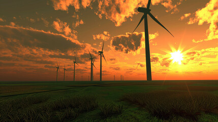 Obraz premium Wind Turbines at Sunset in Open Landscape