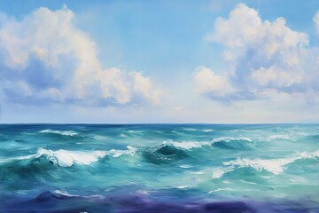 Fototapeta premium A simple oil painting of the ocean, with a horizon line and a blue sky dotted with white clouds.