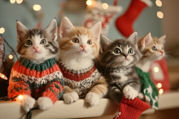 Four adorable kittens in festive sweaters sit thoughtfully, surrounded by twinkling lights and holiday decor, exuding a warm, cheerful vibe.
