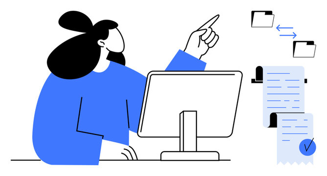 A woman in a blue outfit is working on a computer, managing documents and data transfer. Ideal for digital workspace, organization, productivity, workflow management, and office tasks themes. Simple