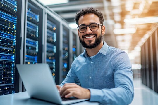 Smiling IT Engineer working on a laptop in a data center.