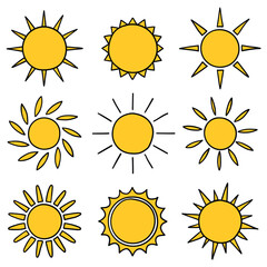 Hand drawn cartoon set of suns on white background.