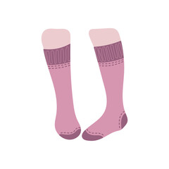Beautiful female white skin legs in high pink socks isolated on white background. Hand drawn vector illustration in flat style. Textile, clothes brand, children, winter season, christmas woman clothes