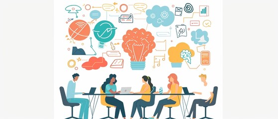 illustration creative agency business brain storm meeting presentation young people team discussing roadmap, planning to success concept