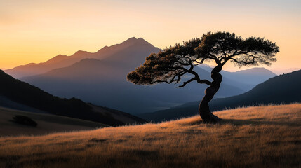 Scenic landscape with a solitary tree on a grassy hill during a vibrant sunset, with distant mountain range silhouettes and a clear sky.