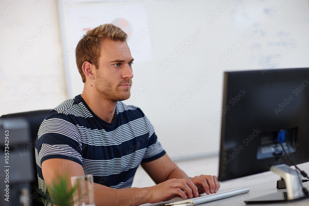 Fototapete Man, computer and typing in office for web design, creativity and business page update. Software development, IT specialist and tech in digital agency for coding, problem solving and connectivity