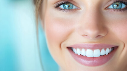 A young woman with bright blue eyes and a radiant smile poses in a softly lit modern environment