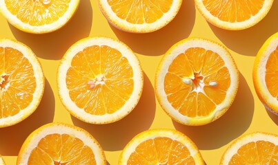 Orange fruit illustration background pattern. Juicy and healthy summer food diet, half cut slice circles, yellow color backdrop