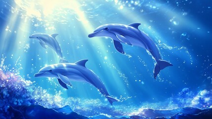 Obraz premium Dolphins swimming gracefully underwater illuminated by sun rays in a tranquil ocean