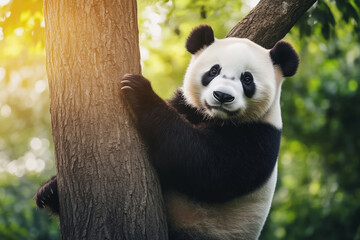 Obraz premium Close-up of a cute panda bear sitting on a tree