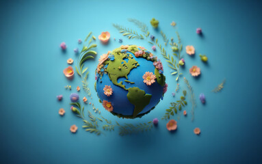 A miniature Earth globe surrounded by colorful flowers and green leaves on a blue background.