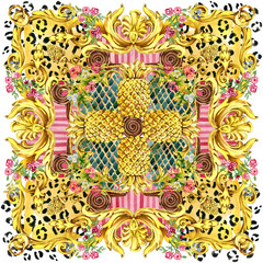 Design scarf with golden baroque elements and chains on leopard skin background