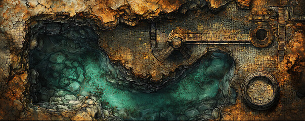 A mystical image of underground ruins, partially submerged and worn by time, with rugged stonework and deep shadows
