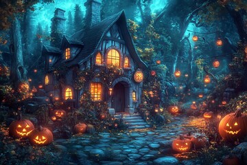 Spooky Village House with Pumpkins and Lanterns - AI generated illustration