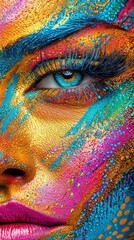 An artistic expression featuring a close-up view of a face painted in vibrant colors, blending abstract art and creative expression to showcase dynamic and vivid design.