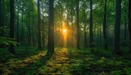 Fototapeta premium Sunbeams Illuminating a Dense Forest Floor