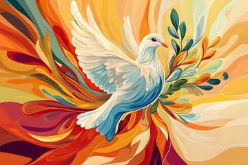 A White Dove of Peace Soaring Through Abstract Colorful Swirls