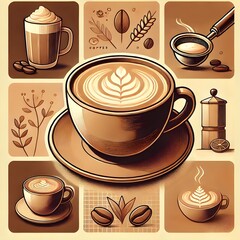 Coffee cup with assorted coffee items