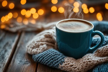 cozy coffee scene, hot coffee on a quaint table with fuzzy blankets in a snug setting
