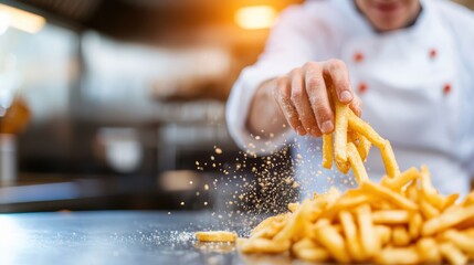 A skillful chef adds a dash of seasoning over hot, fresh fries, creating a dynamic and flavorful visual in a vibrant kitchen with sparks of culinary creativity.