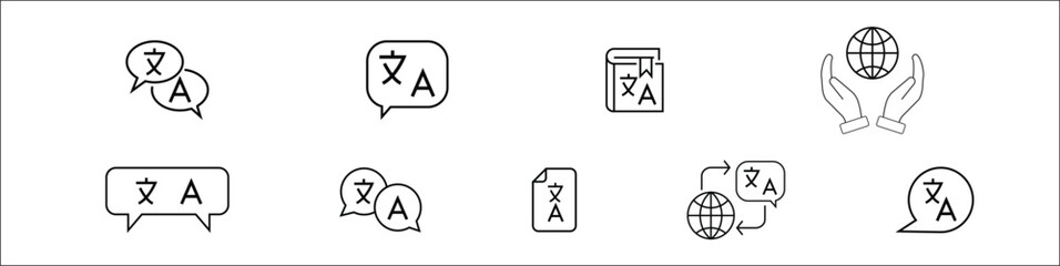 Language web icon set in line style. Language translation, linguistics, speaking, dictionary, listening skills, writing, translate, collection. Vector illustration.