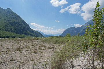 ampia vista panoramica sull'ampio letto in secca del fiume Tagliamento, nell'Italia nord orientale,...