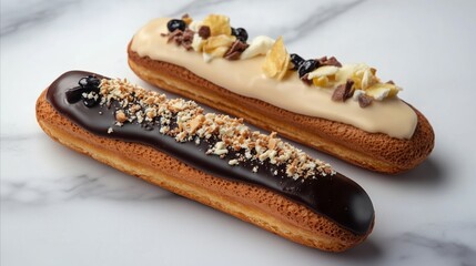 Two donuts with chocolate and nuts on top