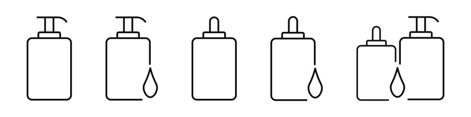 Cosmetics set icon. Lotion bottles, shampoo, cream jar, makeup brushes, mascara, lip gloss, cosmetic tube, dropper bottle, spray, compact powder. Beauty, skincare, makeup products, personal care