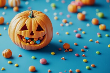 Fototapeta premium Smiling jack-o'-lantern filled with colorful candies, surrounded by small pumpkins on a blue background, AI generated illustration