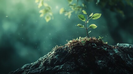 Naklejka premium Young plant growing on moss-covered tree trunk