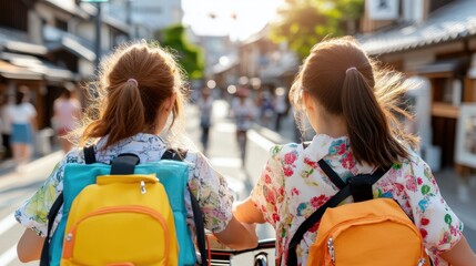Two young girls wearing floral kimonos and backpacks, exploring a bustling street under the warm sun, symbolizing friendship, adventure, and cultural appreciation.