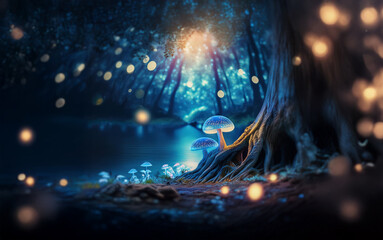 Obraz premium A mystical forest bathed in an ethereal blue glow, with glowing mushrooms scattered across the forest floor. The roots of a towering tree reach out towards the light source above.