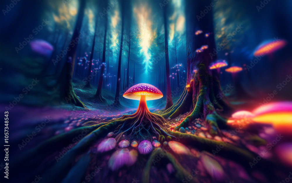 Poster a mystical forest scene with a large glowing mushroom at the center surrounded by glowing fungi and 