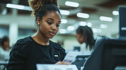 A Black woman receiving help from a friendly election volunteer with voter registration