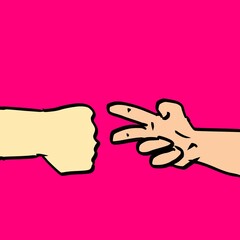 Janken is a model of a Japanese game that uses scissors, paper and stone to defeat each other in the game. image in pink backgrounds