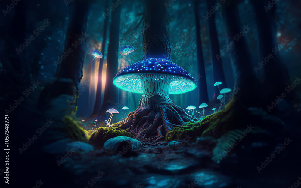 Poster a luminous mushroom glows brightly in a dark forest, its blue light illuminating the surrounding tre